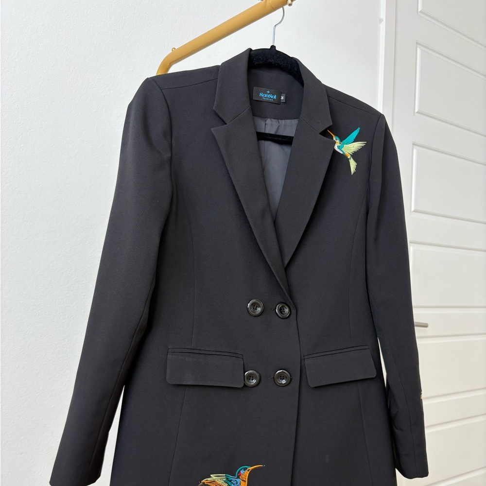 Black Blazer with Embroidered Hummingbirds